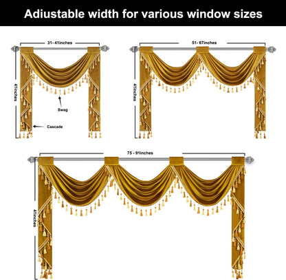 VOGOL Retro Gold Velvet Valances for Bedroom, Thermal Insulated Privacy Waterfall Valance with 2 Swags, Vintage Style Rod Pocket Window Treatments for Living Room, 59 Inches Wide