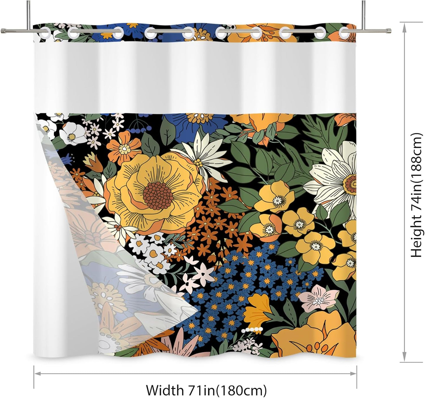 No Hook Shower Curtain,Dark Boho Flower Double-Layered Shower Curtain with Snap-in Liner and Weights,Yellow Blue Flower Floral Fabric Bath Curtain with See Through Mesh, 71x74in