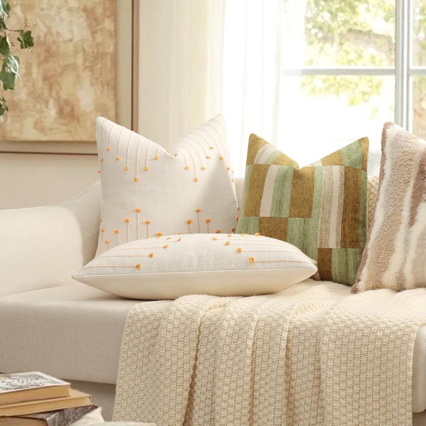 Boho Outdoor Throw Pillow Covers 18x18 Set of 2 Neutral Woven Decorative Pillowcases Cotton Tufted Couch Pillows Farmhouse Cushion Covers for Sofa Couch Bed Living Room Home Decor, Golden Yellow