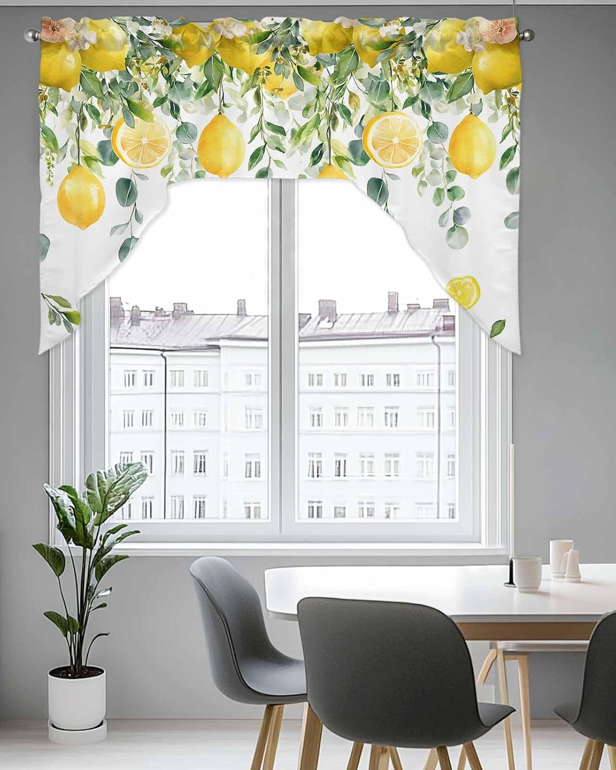 Yellow Lemon Swag Valances for Windows, Summer Fruit Swag Curtains for Kitchen, Living Room, Green Eucalyptus Leaf Flower Small Window Treatments Drapes Curtains for Cafe, Bathroom, Bedroom, 56"x36"
