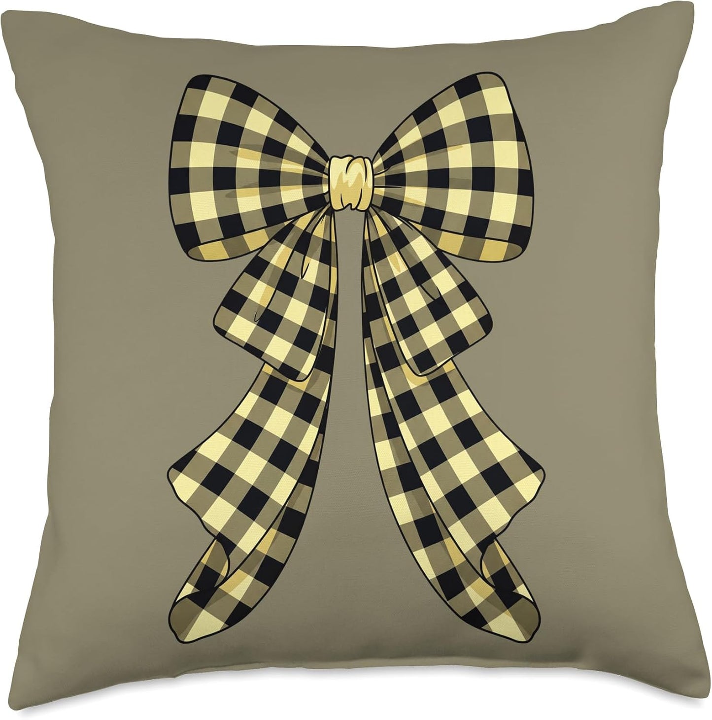 Coquette Big Bow Vanilla Yellow and Black Gingham Plaid Throw Pillow