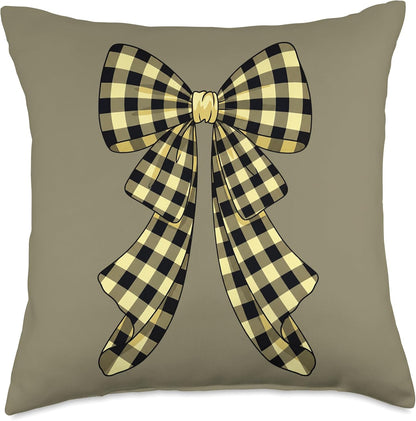 Coquette Big Bow Vanilla Yellow and Black Gingham Plaid Throw Pillow