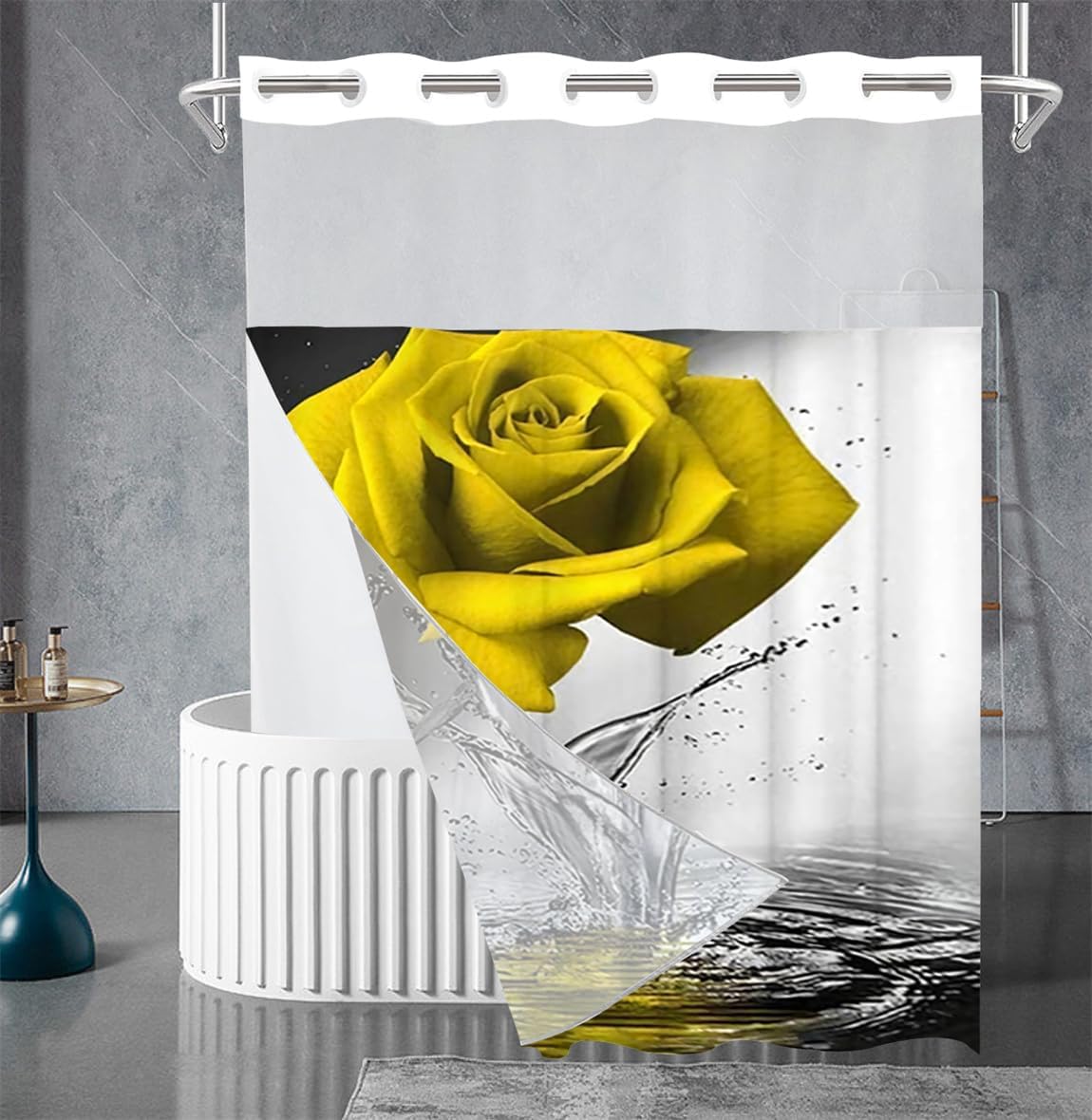 No Hooks Yellow Rose Shower Curtain with Snap in Liner Rose Flower Shower Curtain Double Layer Shower Curtains for Bathroom(71''*74'')