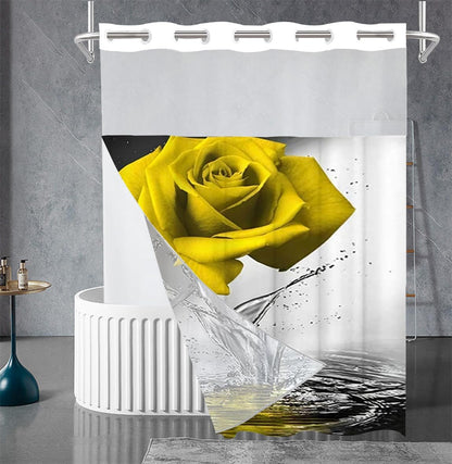 No Hooks Yellow Rose Shower Curtain with Snap in Liner Rose Flower Shower Curtain Double Layer Shower Curtains for Bathroom(71''*74'')