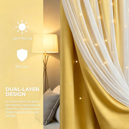 84 Inch Long Star Cut-Out Blackout Curtains Decorative Mix and Match Curtain for Kids Bedroom Thermal Insulated Sun Blocking Drape for Nursery/Living Room 42" W x 84" L Yellow 2 Panels