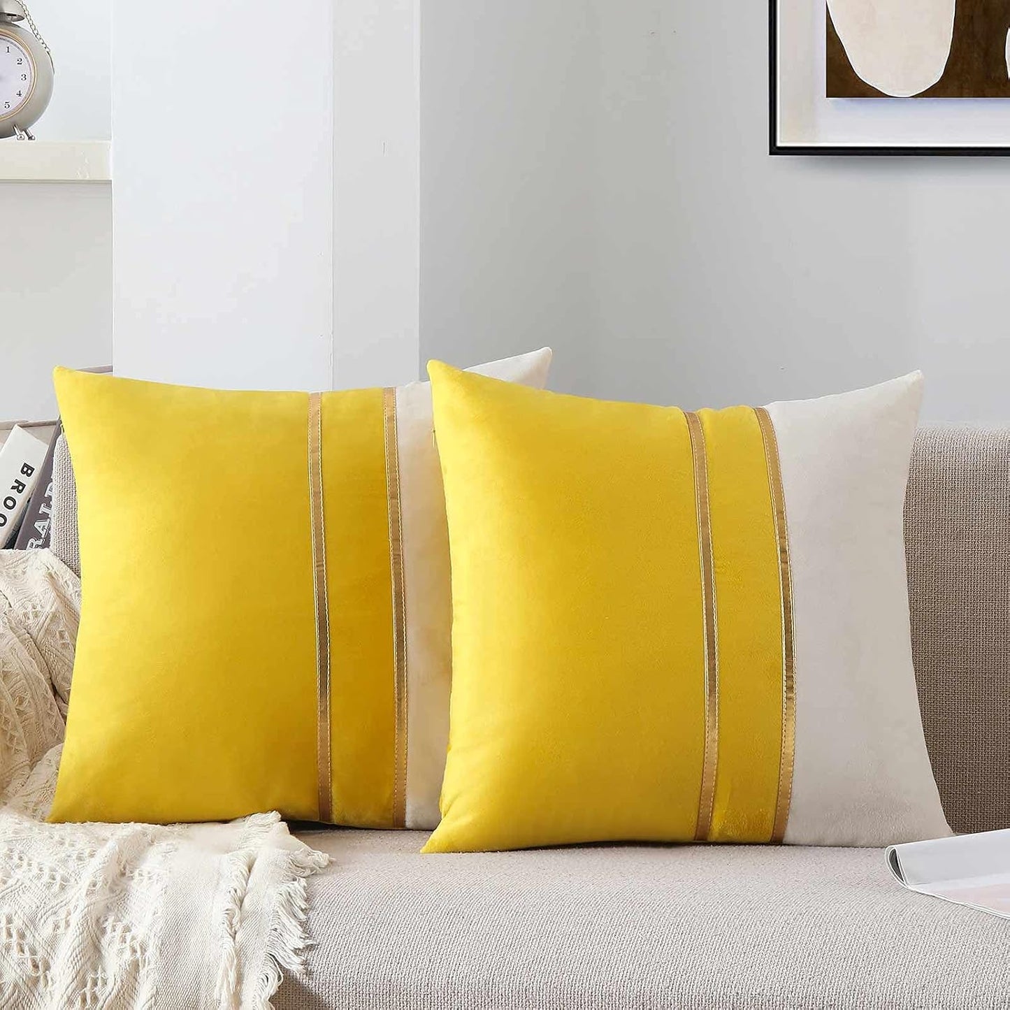 WACOMECO Velvet Throw Pillow Covers - Pack of 2 Soft Decorative Cushion Covers Cases with Gold Leather for Sofa Bedroom Livingroom Car, 18 x 18 in, Yellow and White