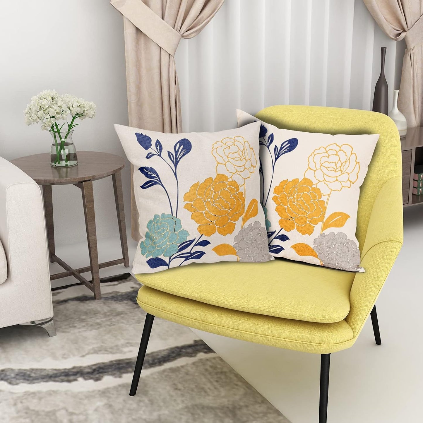 Flowers Outdoor Pillow Covers 18x18 Set of 2, Teal Grey Mustard Yellow Floral Decorative Throw Pillows Cover,Spring Summer Navy blue Leaf Linen Square Pillowcase Decor Gifts for Home Patio Couch Sofa