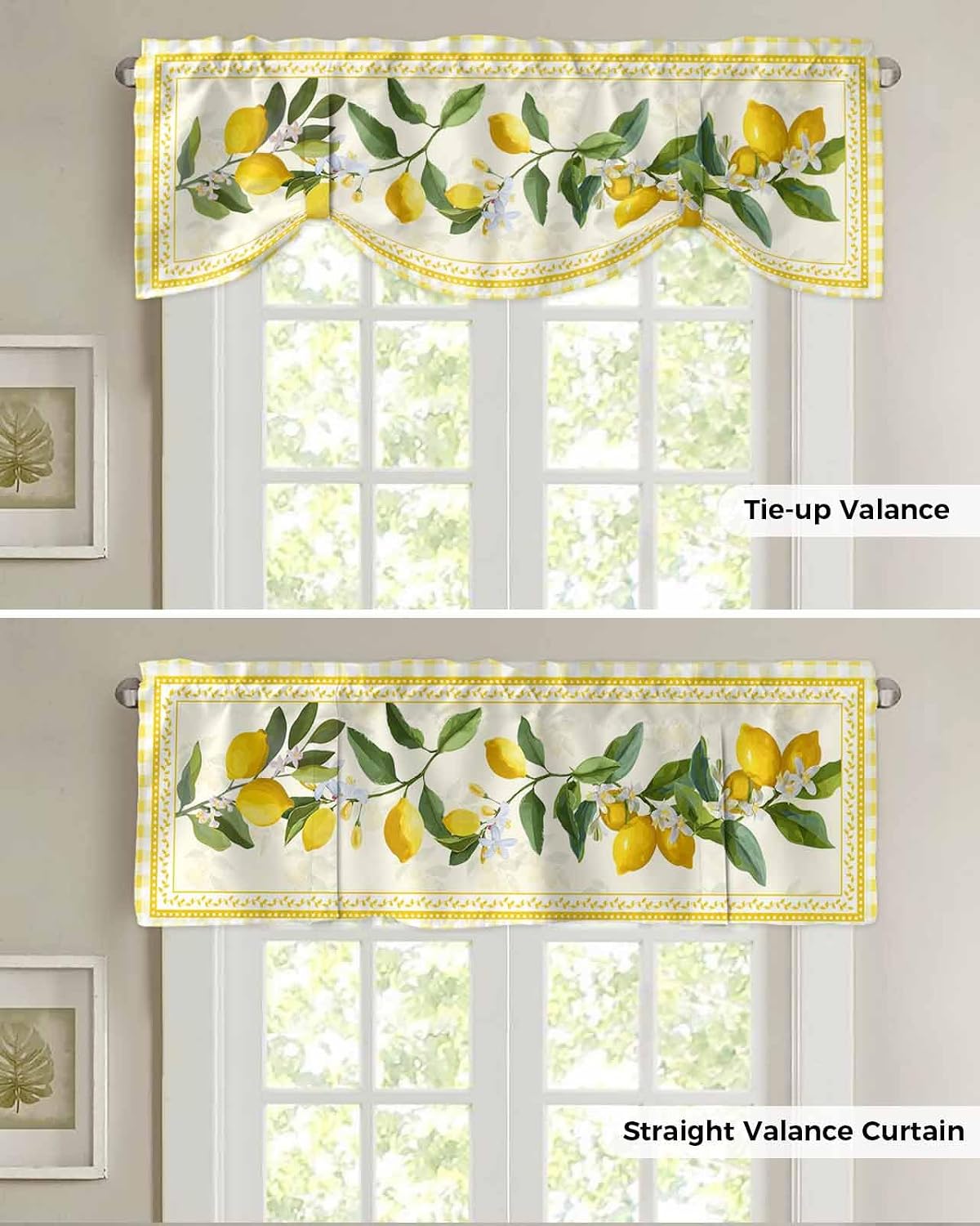 Semi-Sheer Kitchen Valances for Windows, Adjustable Tie Up Valances Curtains Light Filtering, Summer Fruit Lemon Plant Leaves Farmhouse Buffalo Plaid Check Elegant Window Toppers Valances 42x12in