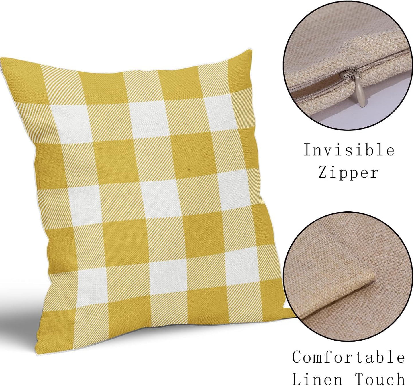 Yellow and White Buffalo Plaid Pillow Covers 18x18 Set of 2 Check Pattern Print Decorative Outdoor Pillowcases Holiday Farmhouse Christmas Checked Throw Cushion Case Couch Sofa Bed Decor