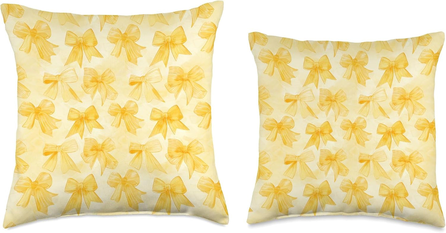 Yellow Ribbons and Bows in Watercolor Coquette Core Pattern Throw Pillow