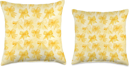 Yellow Ribbons and Bows in Watercolor Coquette Core Pattern Throw Pillow
