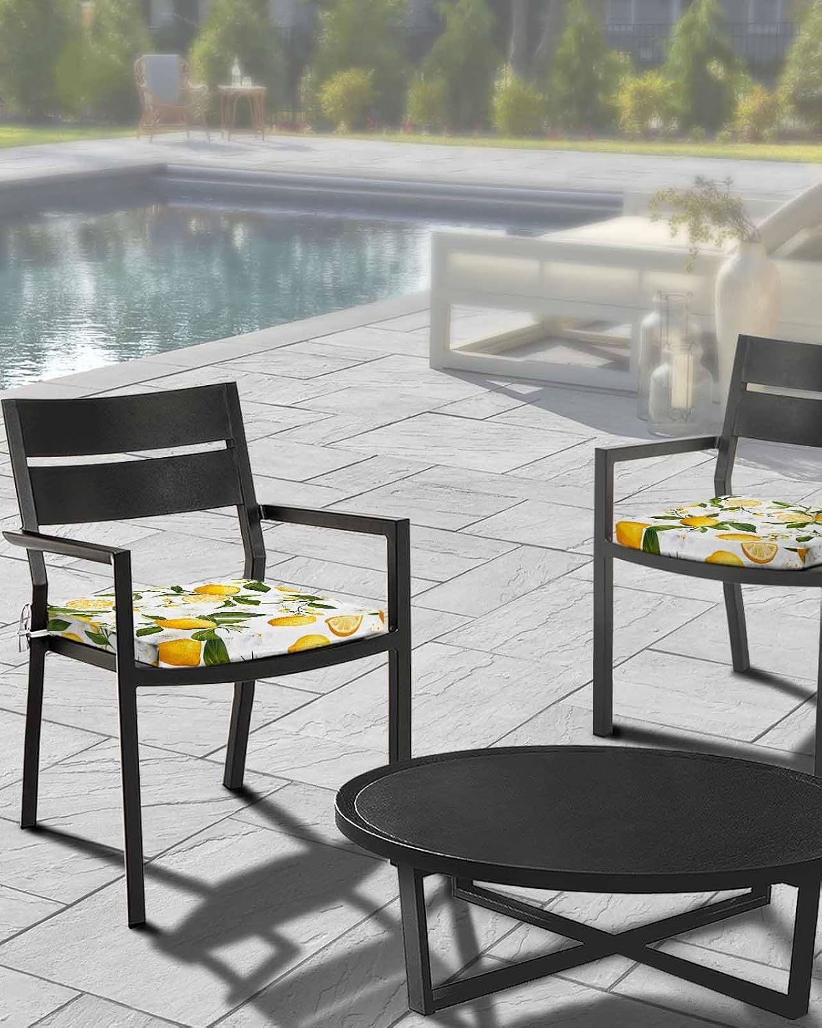 Lemon Summer Outdoor Cushion Cover Floral Lemon Yellow Green Waterproof Patio Chair Seat Slipcovers with Zipper & Tie Couch Cushion Covers Furniture Protector, 2 Pcs, 20"x18"x4"