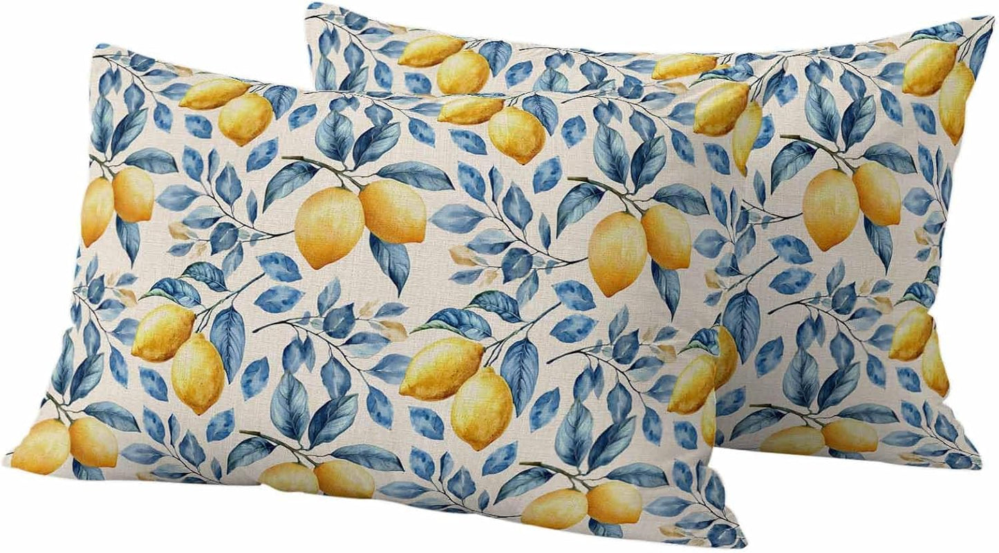Outdoor Waterproof Throw Pillow Covers, Lemon Decorative Pillow Cases, Spring Summer Pastoral Fruit Leaf Branch Couch Pillow Protector Patio Sofa Cushion Covers Replacement 20"x12" 2 Pack