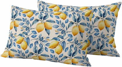 Outdoor Waterproof Throw Pillow Covers, Lemon Decorative Pillow Cases, Spring Summer Pastoral Fruit Leaf Branch Couch Pillow Protector Patio Sofa Cushion Covers Replacement 20"x12" 2 Pack