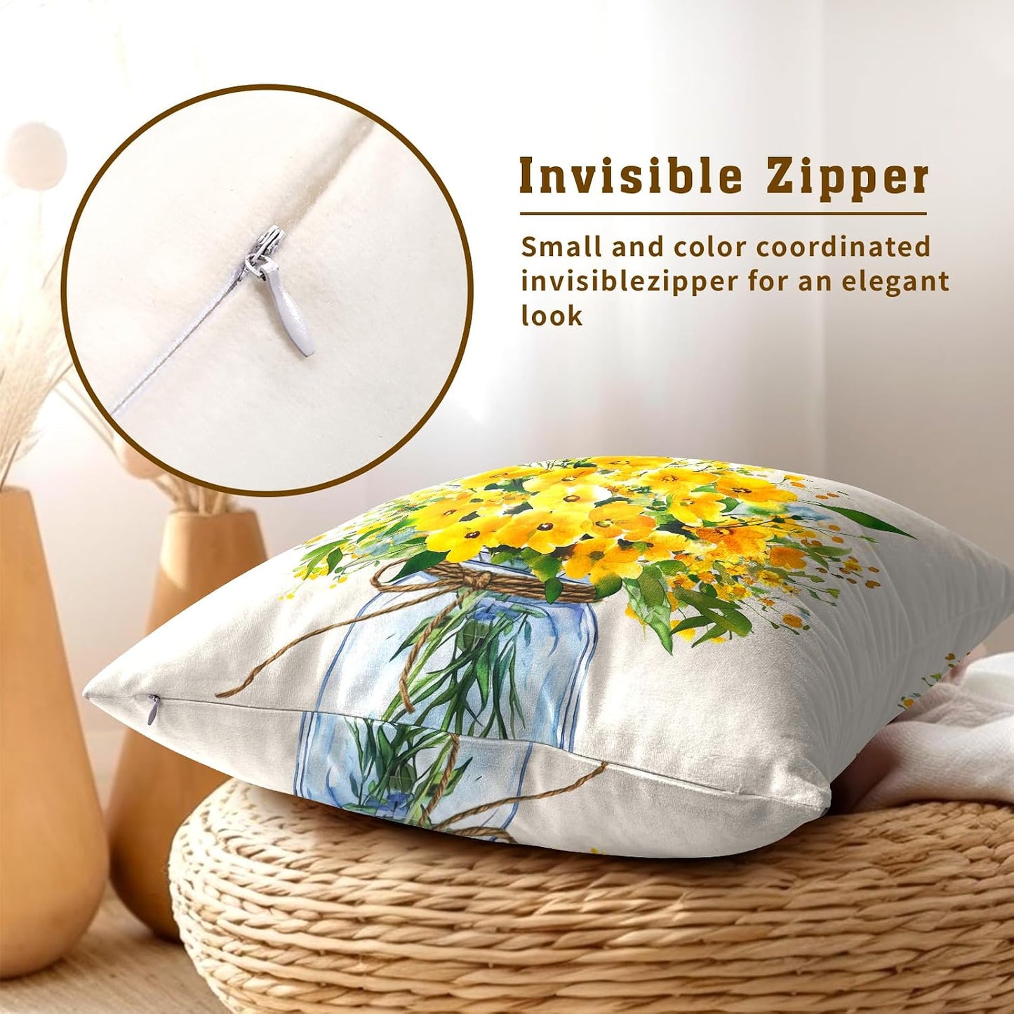 Yellow Flower Throw Pillow Cover 18x18inch 2 Packs Spring Watercolor Floral Jar Vase Cotton Cushion Case Summer Seasonal Farmhouse Pillowcase for Sofa Couch Home Patio