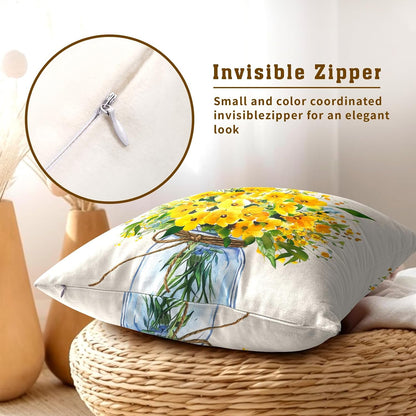 Yellow Flower Throw Pillow Cover 18x18inch 2 Packs Spring Watercolor Floral Jar Vase Cotton Cushion Case Summer Seasonal Farmhouse Pillowcase for Sofa Couch Home Patio