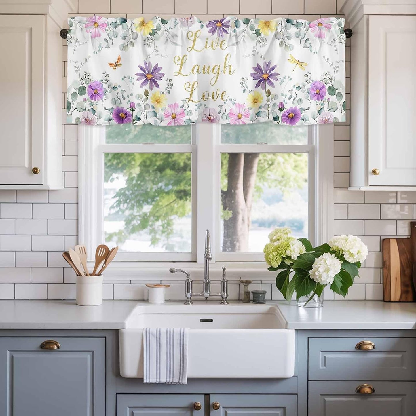 Prime Leader Purple Yellow Flowers Valances Curtain for Windows Spring Floral Eucalyptus Leaf Laugh Love Live Valance Rod Pocket Short Curtains for Kitchen Bathroom Living Room Bedroom, 42" W x 12" L