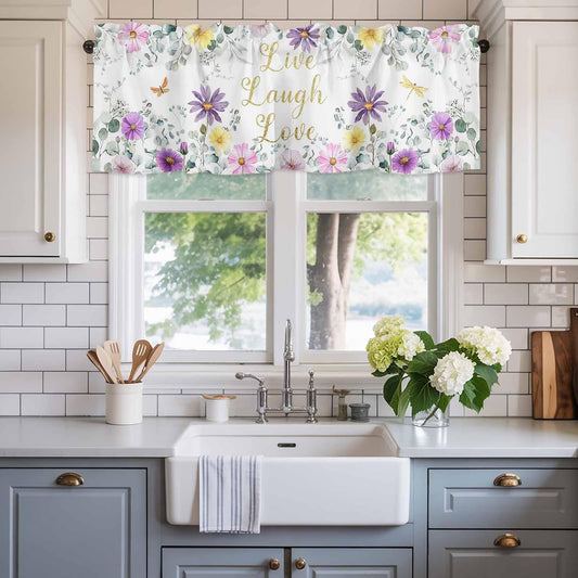 Prime Leader Purple Yellow Flowers Valances Curtain for Windows Spring Floral Eucalyptus Leaf Laugh Love Live Valance Rod Pocket Short Curtains for Kitchen Bathroom Living Room Bedroom, 42" W x 12" L