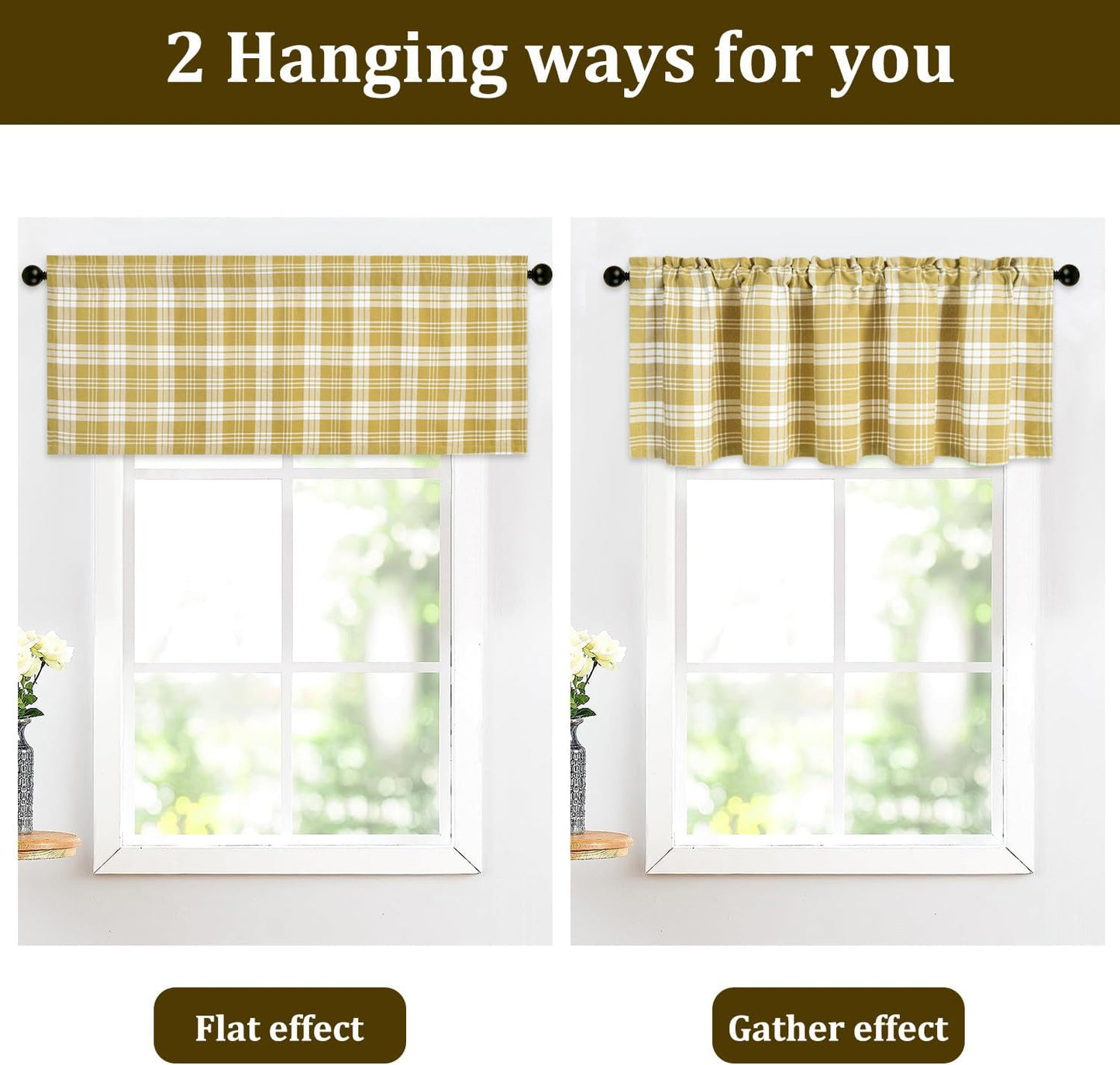 VOGOL Yellow Buffalo Check Kitchen Valances for Windows, 52 x 18, 1 Panel | Classic Checked Pattern, Cheerful Kitchen Accent, Rod Pocket Top, for Cafe or Bathroom Windows