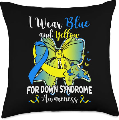 Coquette Bow Butterfly I Wear Blue and Yellow Down Syndrome Throw Pillow