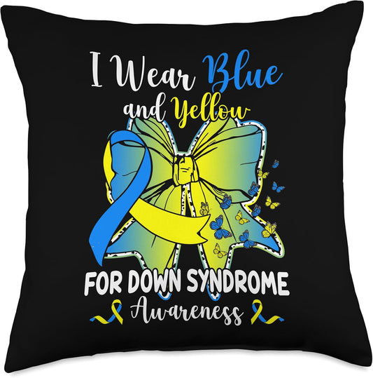 Coquette Bow Butterfly I Wear Blue and Yellow Down Syndrome Throw Pillow