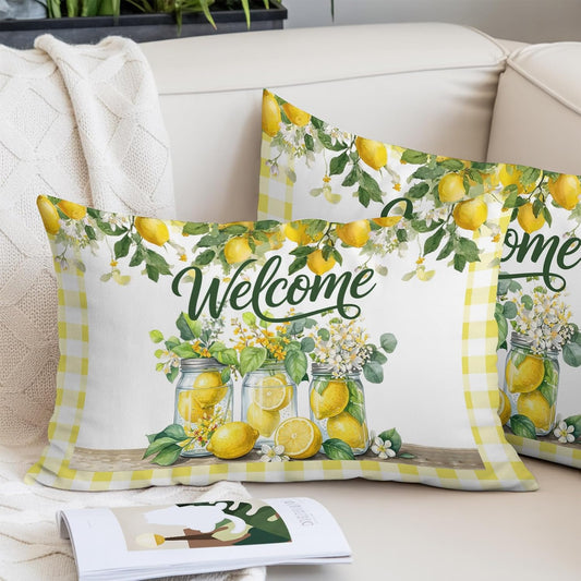 Welcome Words Farm Lemons Throw Pillow Cover,Decorative Pillowcase with Hidden Zipper Yellow Check Breathable Lumbar Pillow Cushion Case for Couch Sofa Bed Home,12"x20"