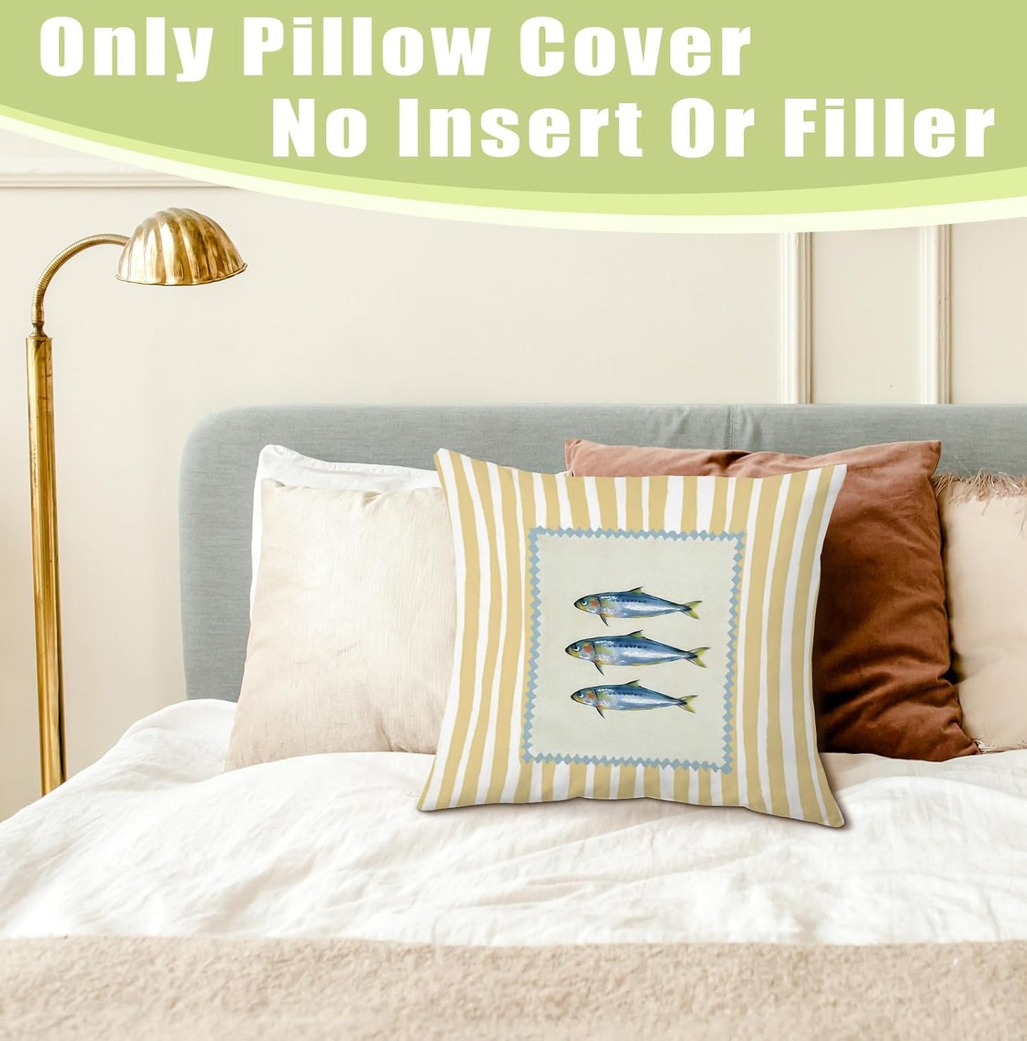 Coastal Beach Sardine Fish 18x18 Pillow Cover, Trendy Yellow Striped Fish Fishing Summer Decorative Throw Pillow Cover for Home Bedroom Living Room