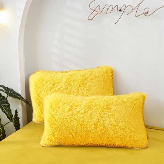 MorroMorn Decorative Pillows Covers, 2 Packs Faux Fur Pillow Cases Standard Size, Luxury Shaggy Throw Pillowcase Cushion Shams with Zipper Home Decor for Couch Sofa Bed (Mustard Yellow, Standard)