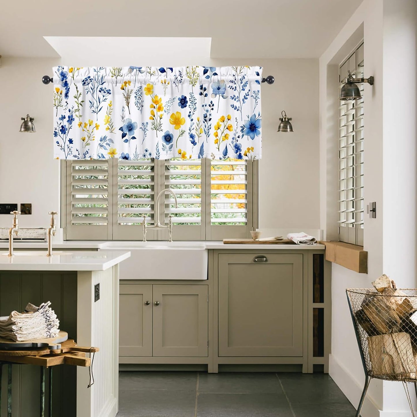 Yellow Blue Floral Valances 54" W x 18" L - Yellow Blue Flowers Kitchen Curtains Valance for Windows Rod Pocket Kitchen Decor Decorations