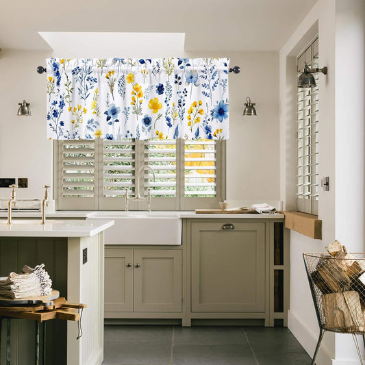 Yellow Blue Floral Valances 54" W x 18" L - Yellow Blue Flowers Kitchen Curtains Valance for Windows Rod Pocket Kitchen Decor Decorations