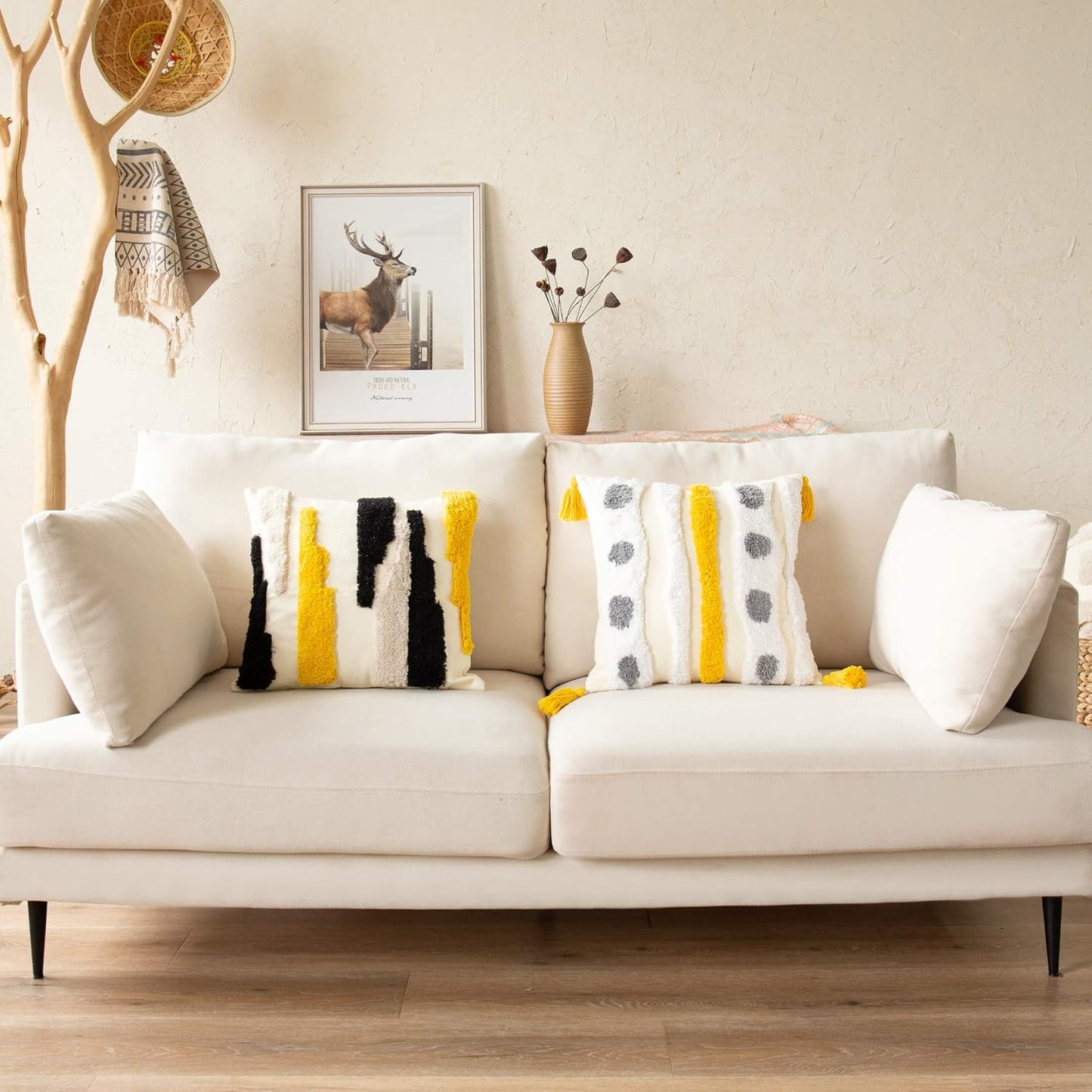 Woven Tufted Boho Throw Pillow Cover, Modern Decorative Geometric Irregular Black Ivory Yellow Striped Lines Cushion, Farmhouse Tribal Pillowcases for Couch Sofa Bedroom Living Room, 18 x 18 Inches