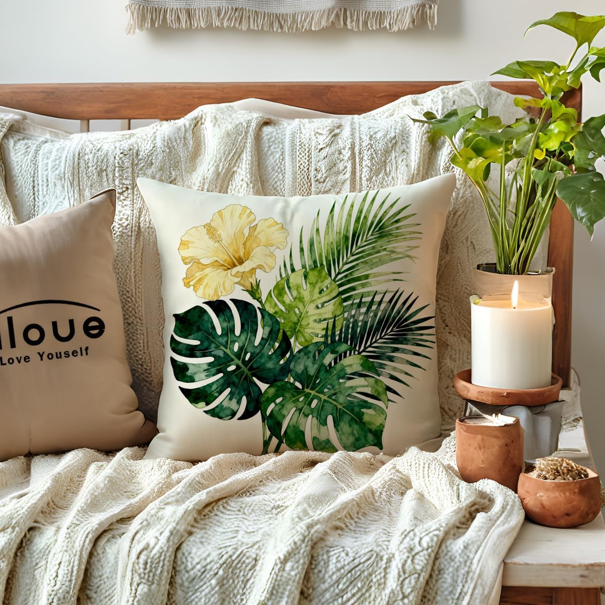 ULOVE LOVE YOURSELF Tropical Greenery Throw Pillow Covers 4Pack, Monstera Palm Floral Farmhouse Summer Decorative Pillowcases 18×18,Boho Botanical Cushion Covers for Porch Patio Decor(Green/Yellow)