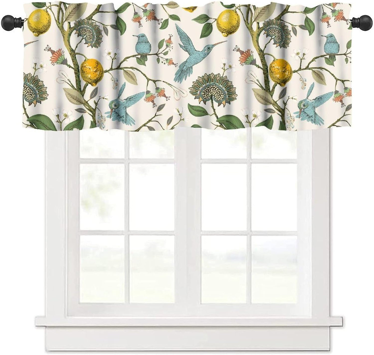 Retro Lemon Kitchen Valance, Summer Blue Birds Lemon Tree Nature Botanical Plants Flowers Hummingbird Spring Print Short Blackout Window Curtain for Cafe Restaurant, 54x18inch