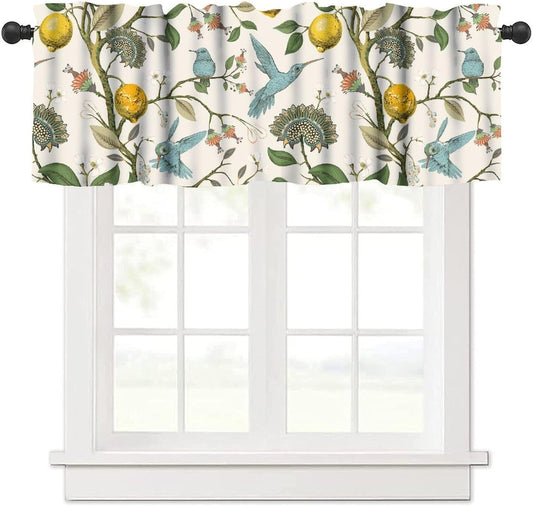 Retro Lemon Kitchen Valance, Summer Blue Birds Lemon Tree Nature Botanical Plants Flowers Hummingbird Spring Print Short Blackout Window Curtain for Cafe Restaurant, 54x18inch