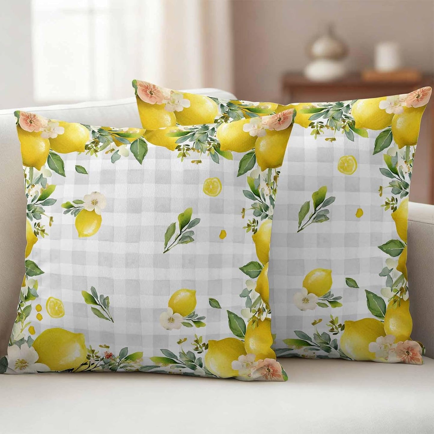 Outdoor Pillow Covers 18x18 Pack of 2, Summer Yellow Lemon on Grey Check Decorative Pillow Cover Waterproof Pillowcase, Farmhouse Fruit Theme Farmhouse Cushion Covers for Garden Patio Sofa Couch