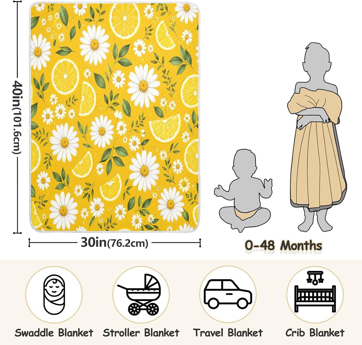 Yellow Lemon Daisy Print Baby Blanket 30"x40", Soft Cotton Toddler Blankets for Girls Boys with Warm Middle Layer, Lightweight Receiving Blanket for Newborn Crib Stroller