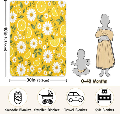 Yellow Lemon Daisy Print Baby Blanket 30"x40", Soft Cotton Toddler Blankets for Girls Boys with Warm Middle Layer, Lightweight Receiving Blanket for Newborn Crib Stroller