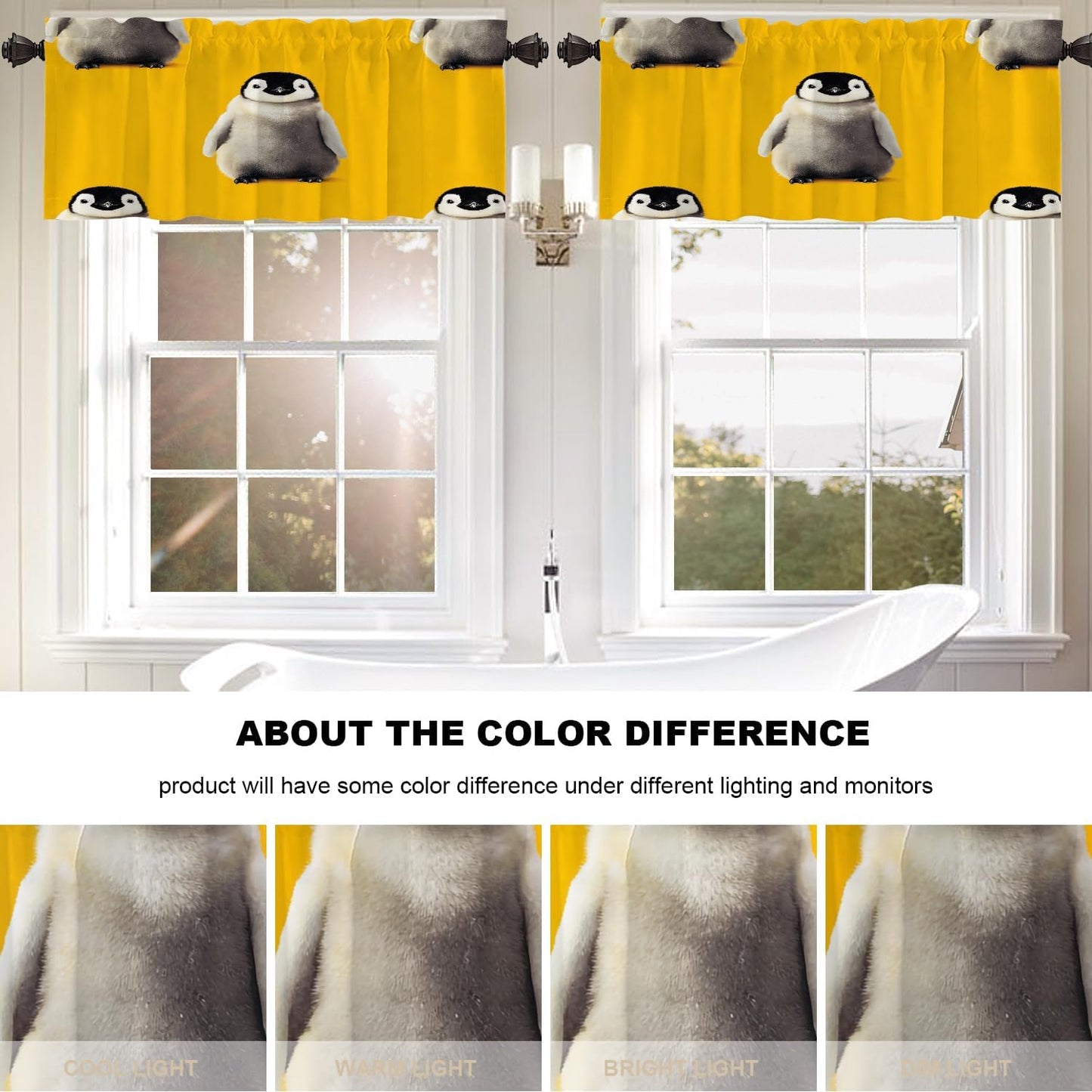 Cute Penguin Blackout Kitchen Curtain, Baby Penguins On Yellow Window Treatment Rod Pocket Light Filtering Bathroom Short Valance 1 Pack 52X18 Inches