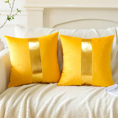 Artscope Yellow Velvet Throw Pillow Covers with Gold Leather Stitching Luxury Modern Minimalist Square Pillowcase Cushion Covers for Bed Couch Sofa 18x18Inch Set of 2