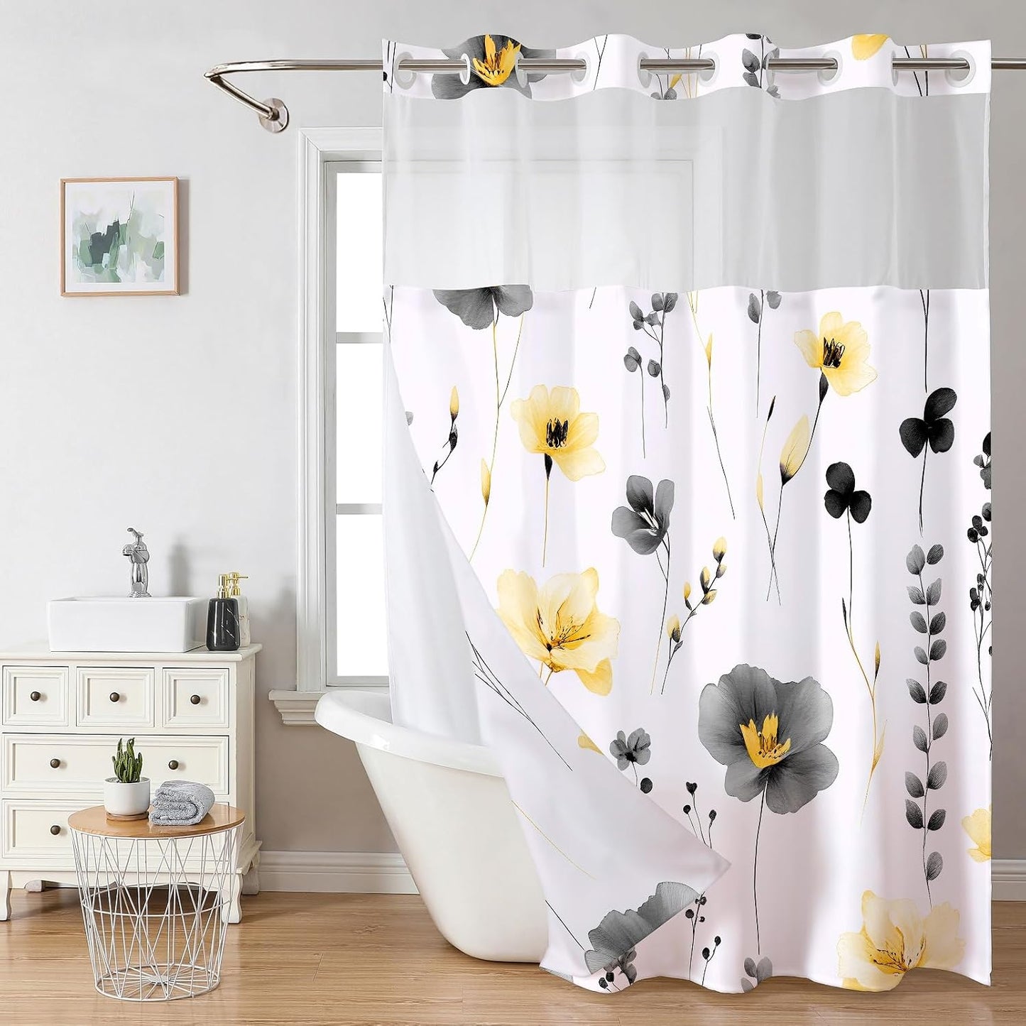 No Hook Floral Shower Curtains with Snap-in Liner Set for Bathroom, Hotel Style Double Layers with See Through Mesh Top Window, Yellow Grey Flower Fabric Bath Curtain Home Décor, 71x86 Inch