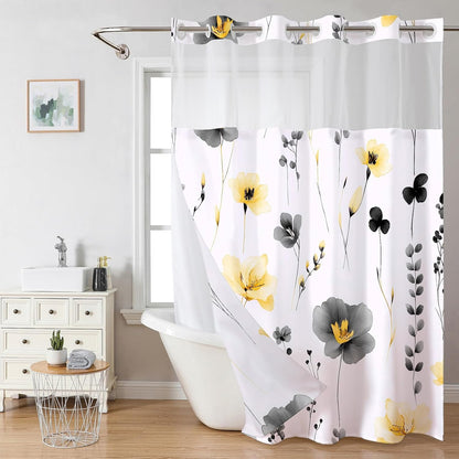 No Hook Floral Shower Curtains with Snap-in Liner Set for Bathroom, Hotel Style Double Layers with See Through Mesh Top Window, Yellow Grey Flower Fabric Bath Curtain Home Décor, 71x86 Inch