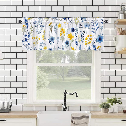 Yellow Blue Floral Valances 54" W x 18" L - Yellow Blue Flowers Kitchen Curtains Valance for Windows Rod Pocket Kitchen Decor Decorations