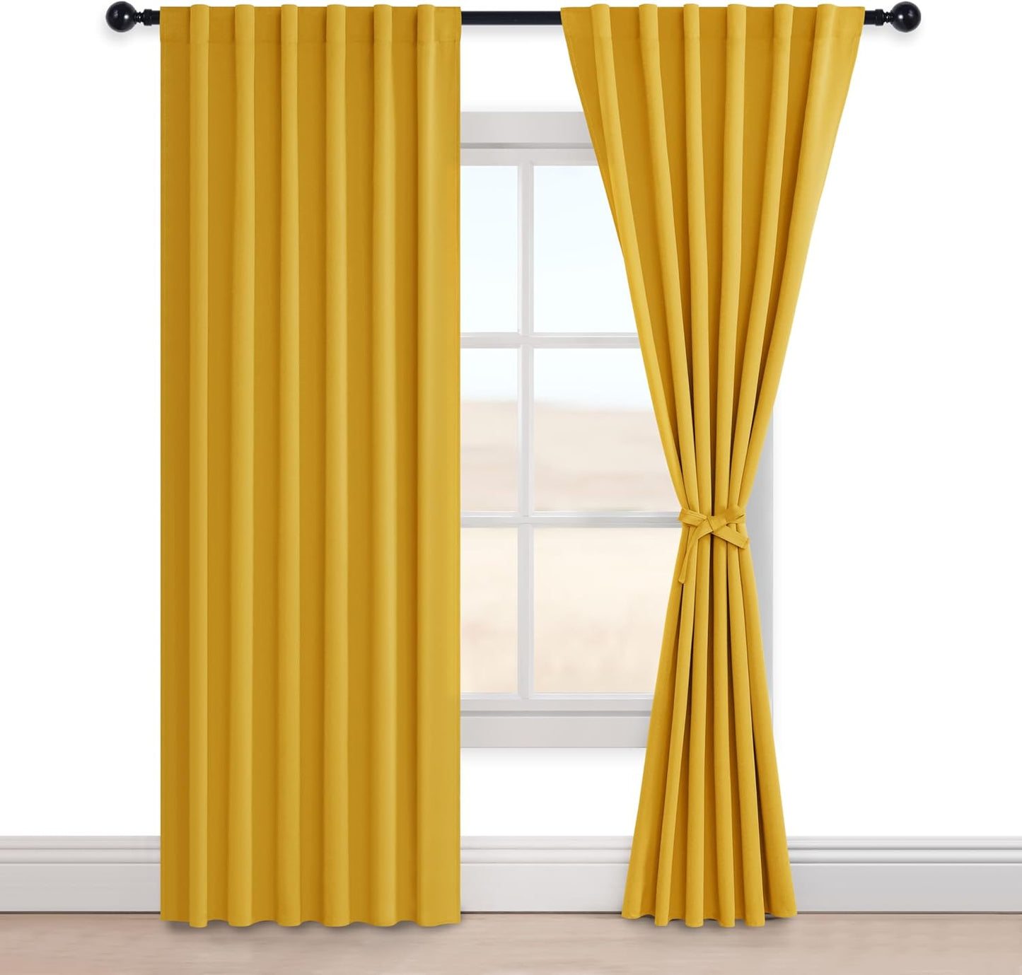 Hiasan Yellow Blackout Curtains for Bedroom 84 Inches Long Insulated Thermal Winter Curtains for Living Room Rod Pocket Noise Cancelling Window Treatment with Tiebacks,2 Pack