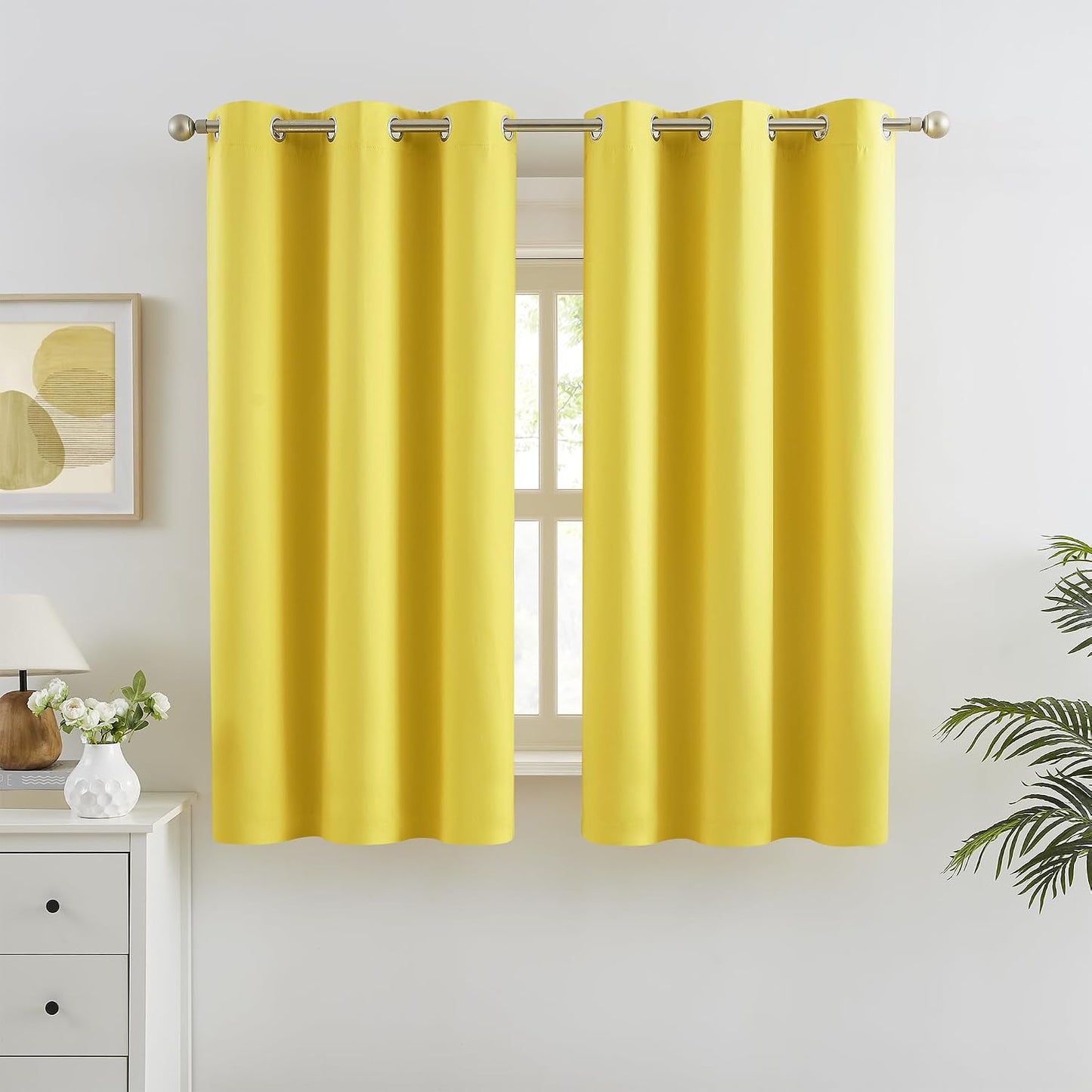 DUALIFE Yellow Blackout Solid Curtains - Room Darkening Grommet Drapes Bright Yellow Color Small Window Curtains for Kids Room, 2 Panels Sets (38 x 45 Inches Long, Illuminating Yellow