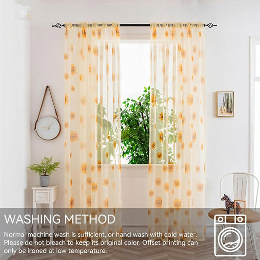Sheer Curtains, 2PCS Sun Flower Floral Voile Sheer Curtain Soft Light Weight Window Panel 39x78in Sunflower Window Panel for Bedroom Living Room Kitchen Decor(Yellow)