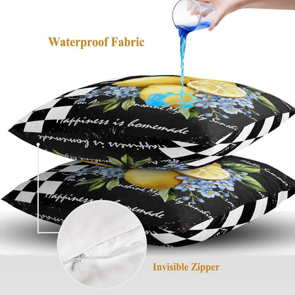 Outdoor Throw Pillow Covers Set of 2 Lemon Blue Flowers Waterproof Decorative Cushion Covers Black White Check Outdoor Pillowcases for Patio Couch Garden Balcony Sofa 16 x 16 Inches