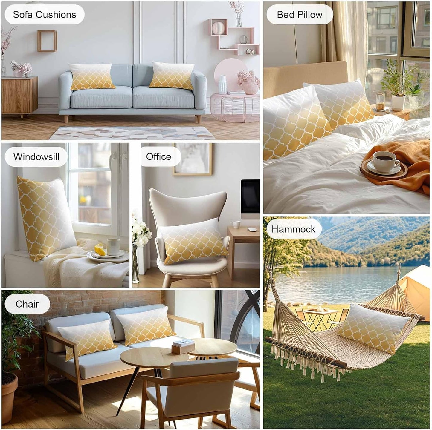 Outdoor Pillow Cover 20x12inch Set of 2, Yellow Gradient Moroccan Pattern Waterproof Decorative Throw Pillow Cover for Couch Sofa, White Stripes Buffalo Check Cushion Cases for Patio Garden