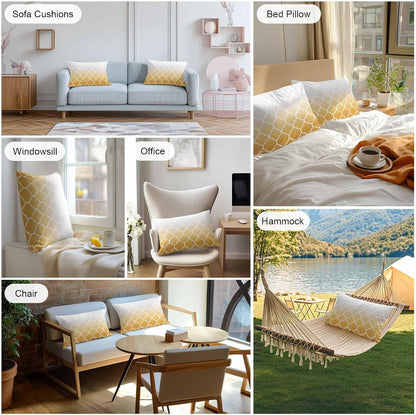 Outdoor Pillow Cover 20x12inch Set of 2, Yellow Gradient Moroccan Pattern Waterproof Decorative Throw Pillow Cover for Couch Sofa, White Stripes Buffalo Check Cushion Cases for Patio Garden