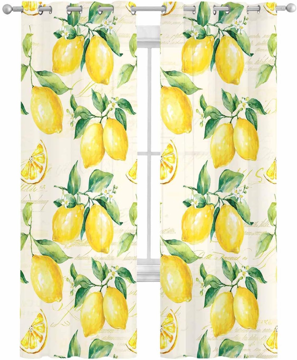 Yellow Lemon Sheer Curtains 90 Inch Length 2 Panels Set Summer Fruit Green Retro Farmhouse Leaf Curtain Drapes for Kitchen/Bedroom/Living Room/Doorway/Sliding Glass Door/Bathroom Window Panel 52x90