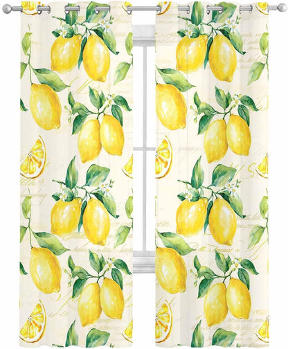 Yellow Lemon Sheer Curtains 90 Inch Length 2 Panels Set Summer Fruit Green Retro Farmhouse Leaf Curtain Drapes for Kitchen/Bedroom/Living Room/Doorway/Sliding Glass Door/Bathroom Window Panel 52x90